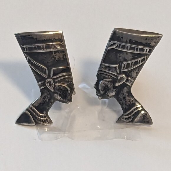 Vintage Egyptian Sterling Silver Cufflinks Nefertiti Egyptian Revival Whale Back - Picture 9 of 9